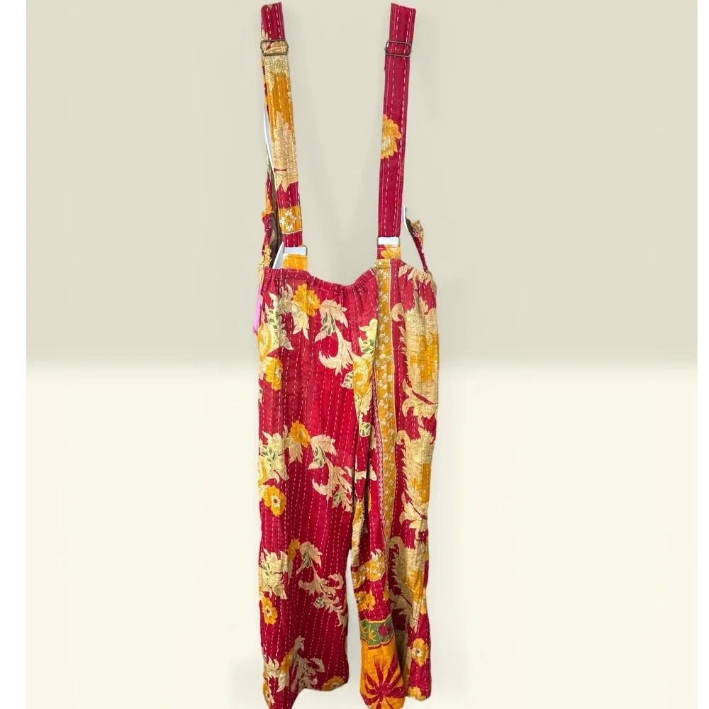 Kantha Karma NWOT Quilted Overalls Size L-XL Gold Floral Patchwork Handcrafted‎